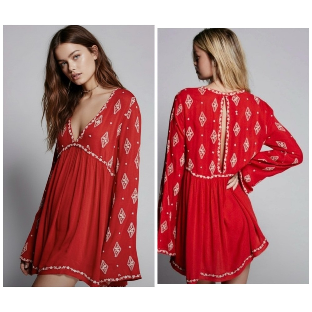 Free People Diamond Embroidered Tunic Bohemian Red White